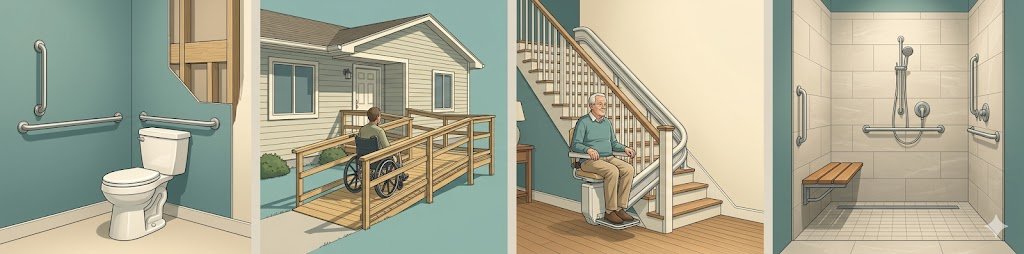 Residential staircase with stair lift and handrails on both sides for fall prevention